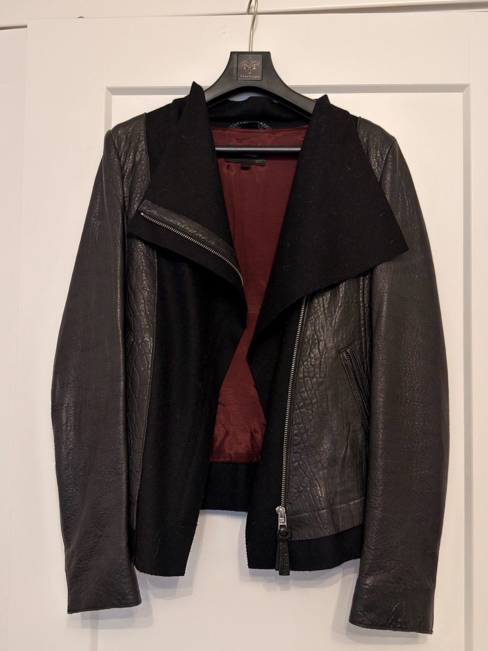 Mackage Armada Black Leather Jacket with Burgundy Lining
